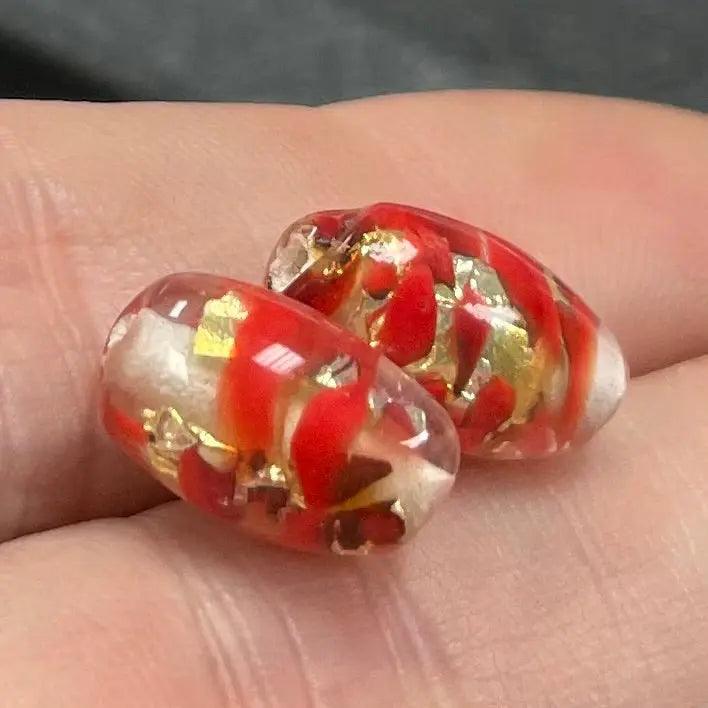2 Vintage Red Gold Foil Italian Oval Glass Beads - Sea Beads