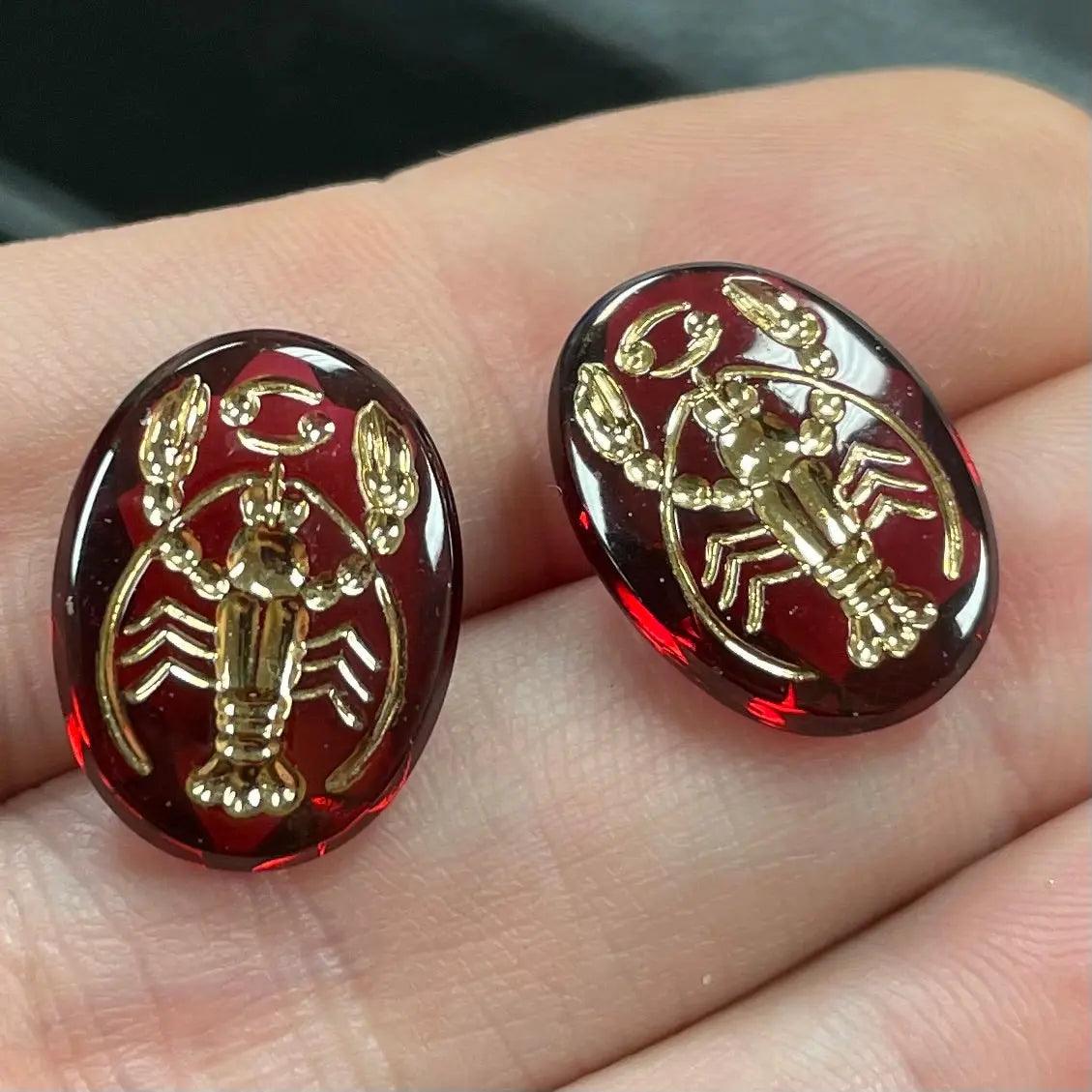 2 Vintage Red Golden Lobster Cushion Back Glass Stones #4986 - Sea Beads