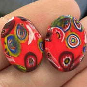 2 Vintage Red Italian Millefiori Oval Glass Cabochons - Sea Beads