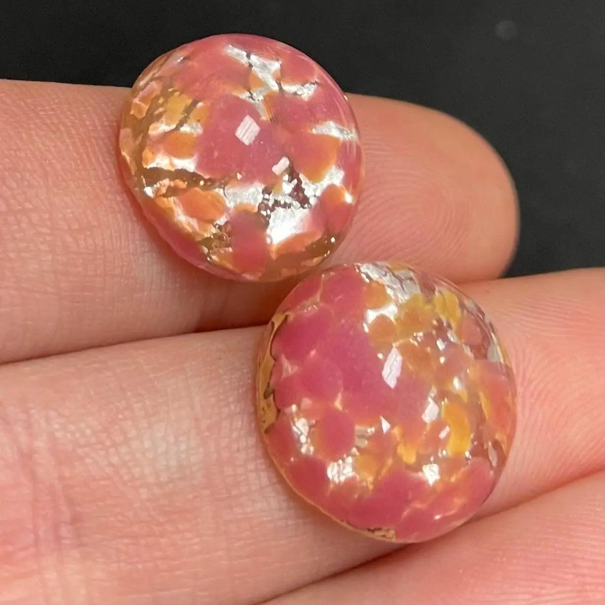 2 vintage rose foil round glass cabochon with blended colors.