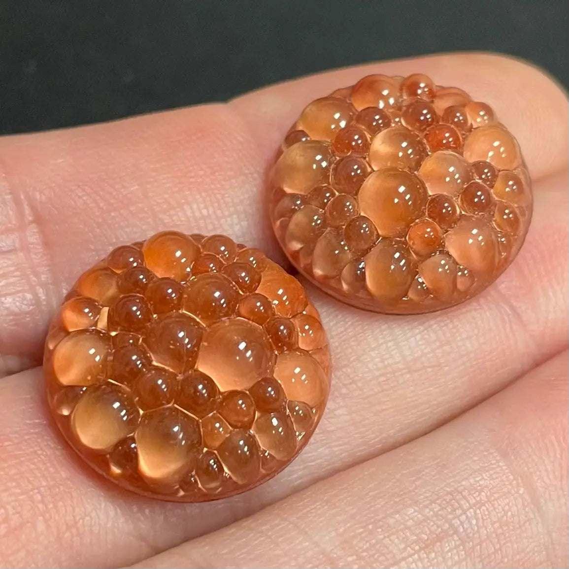 2 Vintage Sienna Dimpled Round Moonglow Glass Cabochons - Sea Beads