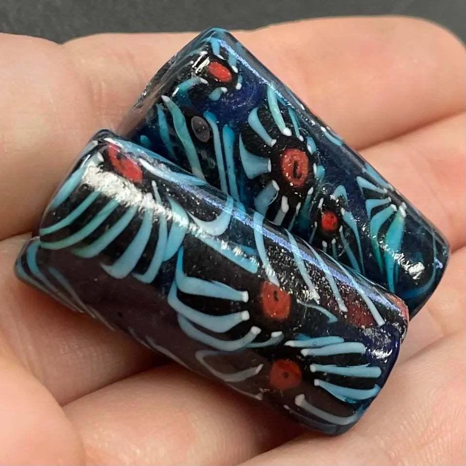 2 Vintage Striped Cylindrical Glass Beads - Sea Beads