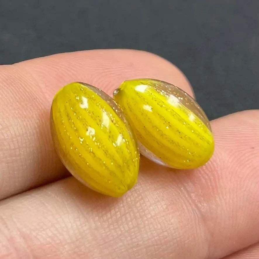 2 Vintage Striped Yellow Oval Venetian Glass Beads - Sea Beads