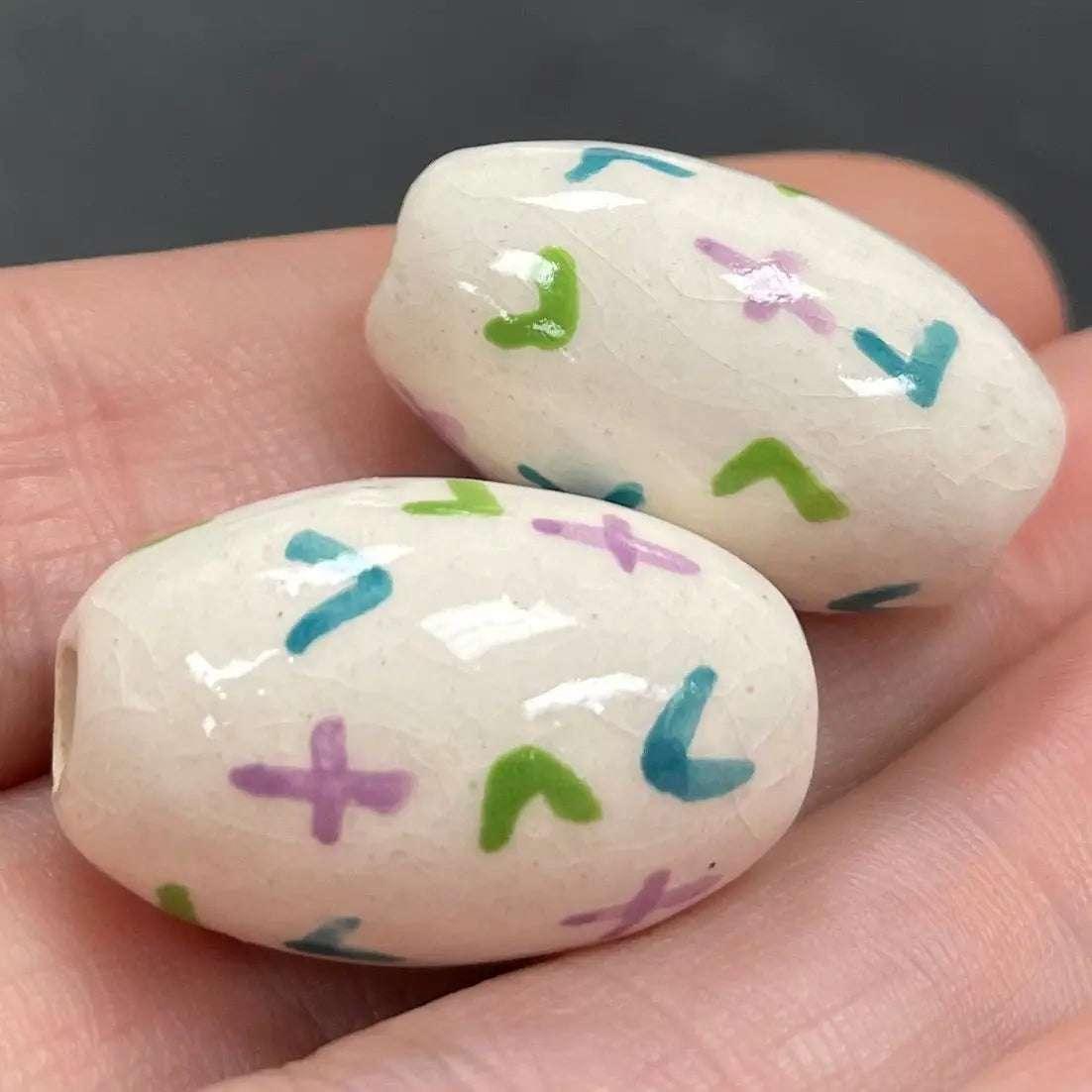2 Vintage White Abstract Large Oval Porcelain Beads - Sea Beads