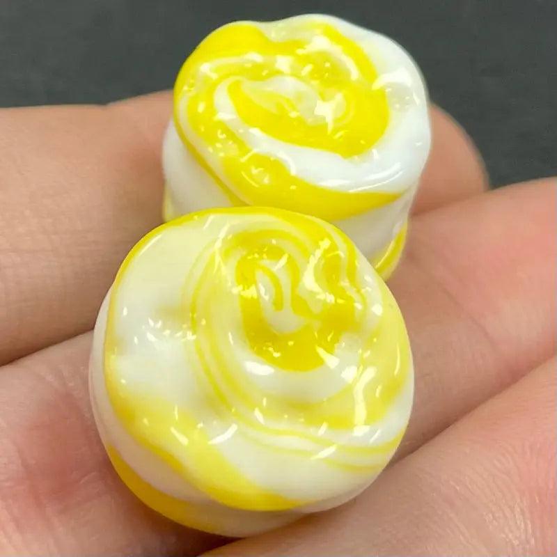 2 Vintage White Yellow German Cookie Glass Beads - Sea Beads