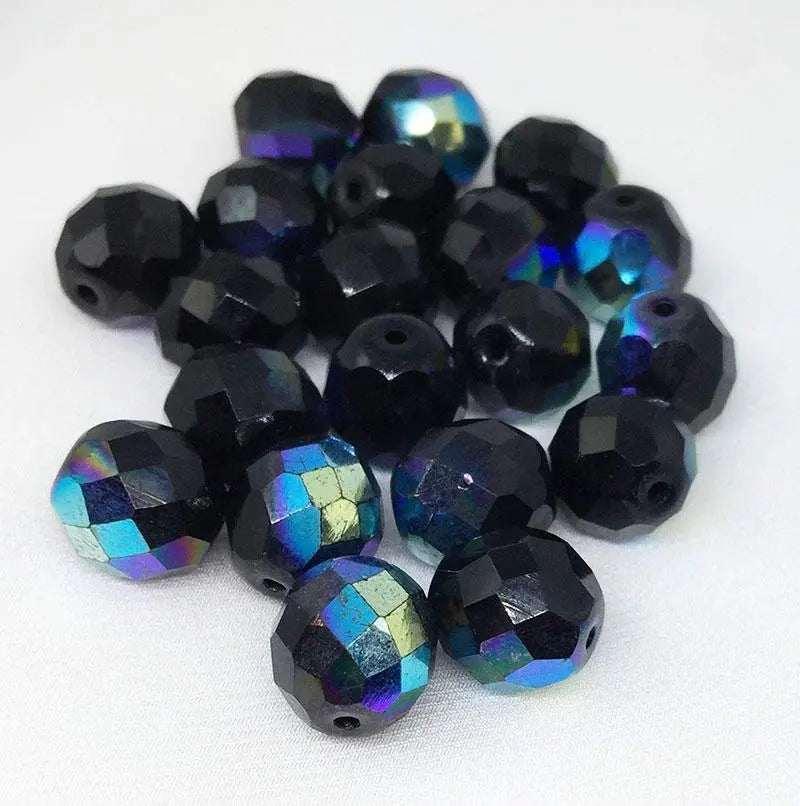 20 Black Czech Glass Faceted Round Glass Beads - Sea Beads