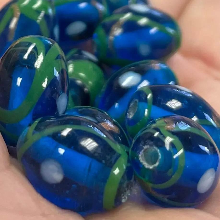 20 Vintage Blue Aqua Dark Abstract Oval Glass Beads - Sea Beads