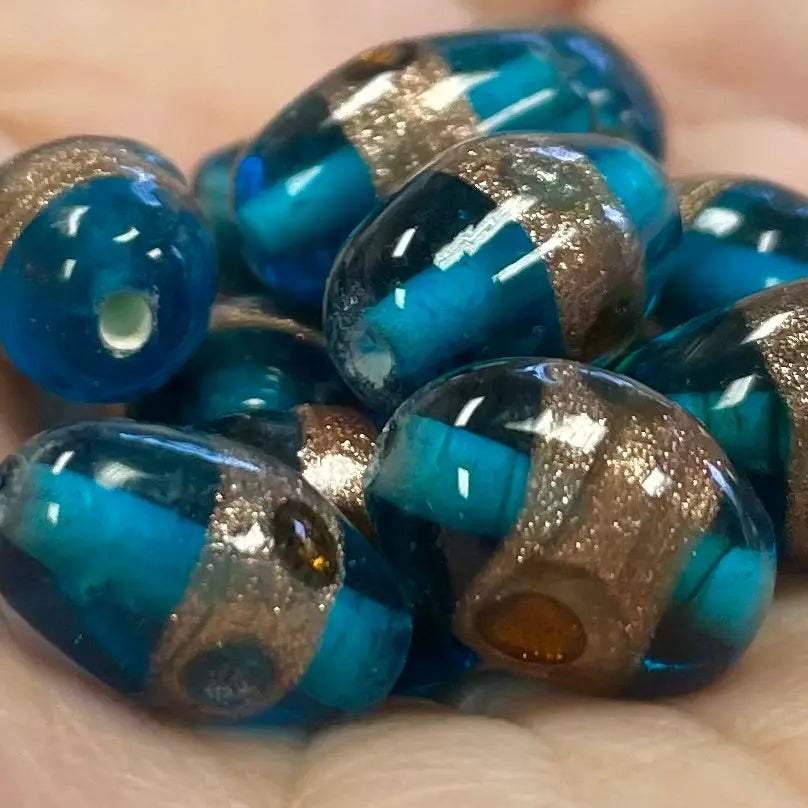 20 Vintage Blue Aqua Aventurine Oval Glass Beads - Sea Beads