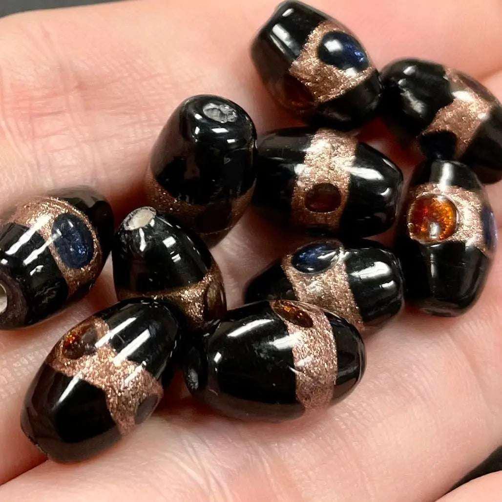 20 Vintage Black Aventurine Oval Glass Beads - Sea Beads