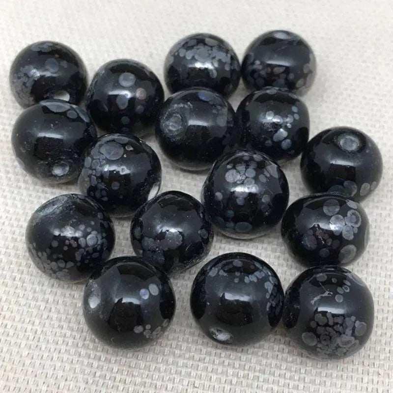 20 Vintage Black Mottled Grey Round Glass Beads - Sea Beads