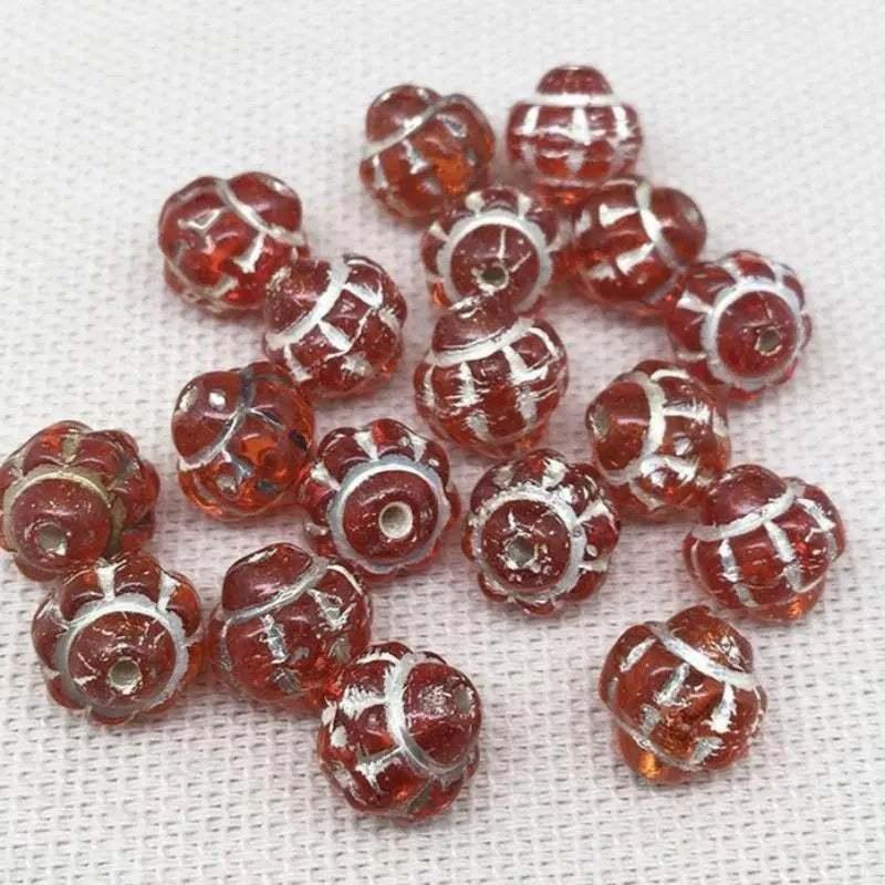 20 Vintage Fire Red Czech Silver Etched Saturn Glass Beads - Sea Beads