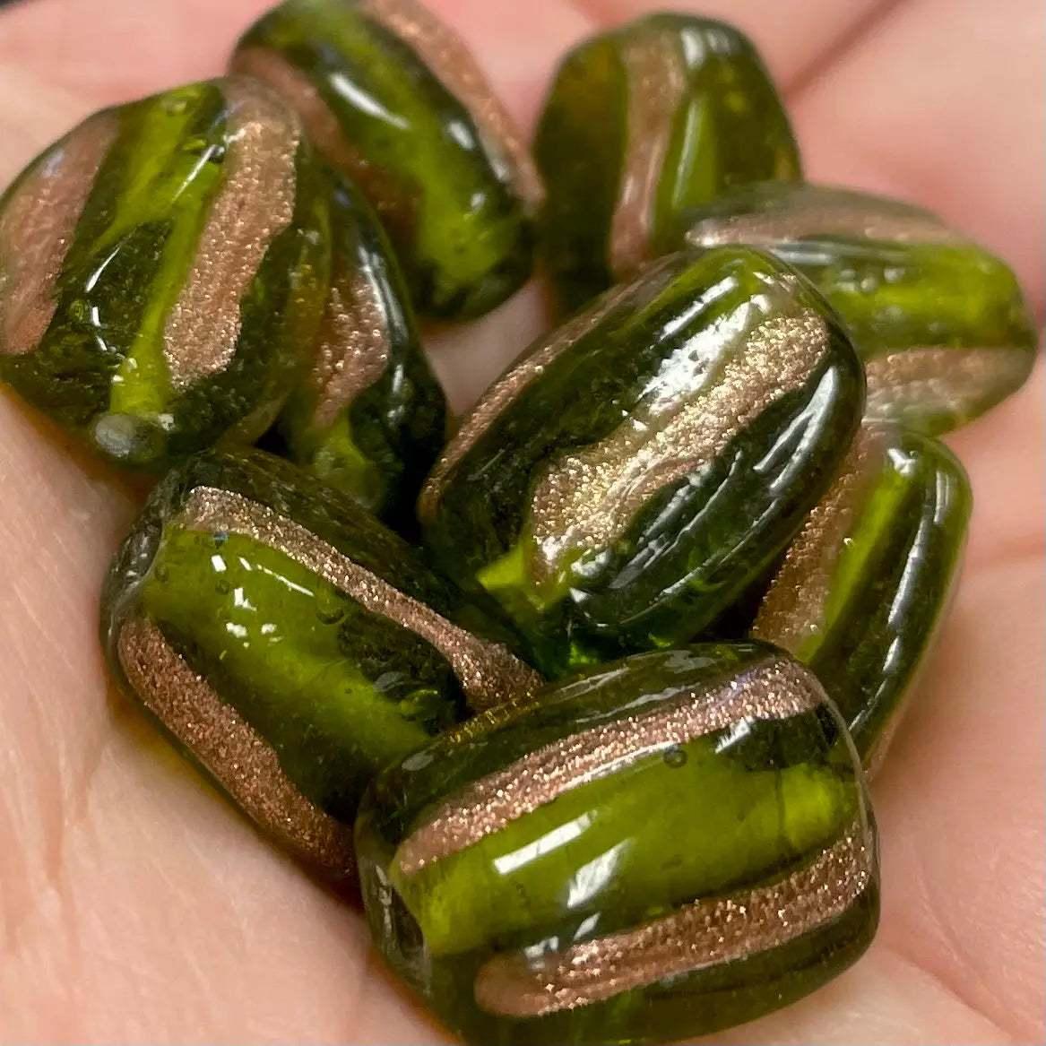 20 Vintage Green Olive Metallic Striped Glass Beads - Sea Beads