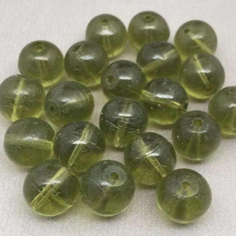 20 Vintage Green Olivine Round Glass Beads - Sea Beads