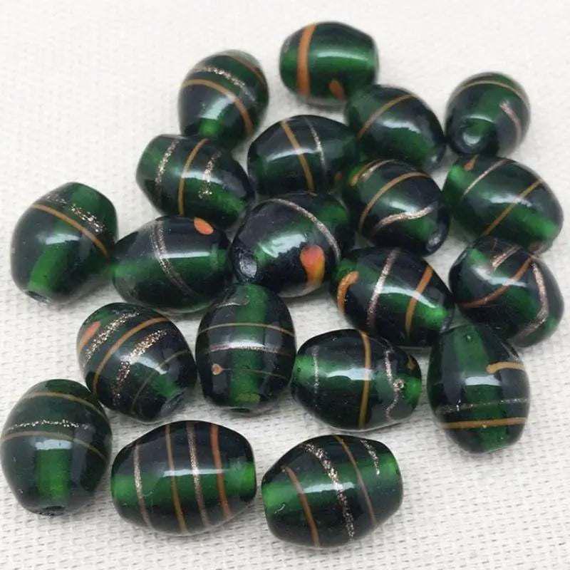 20 Vintage Green Striped Oval Glass Beads - Sea Beads