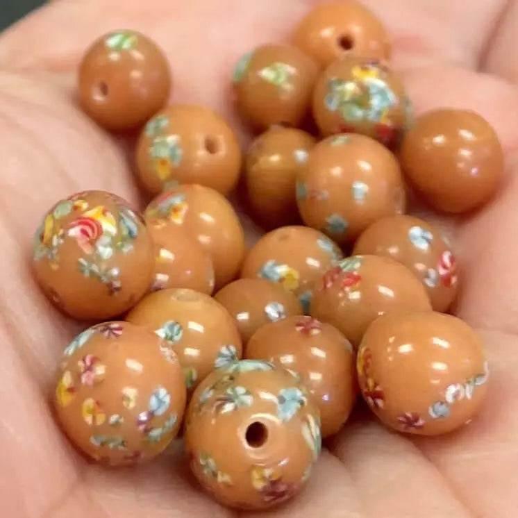 20 Vintage Tan Japan Millefiori Mixed Round Glass Beads - Sea Beads