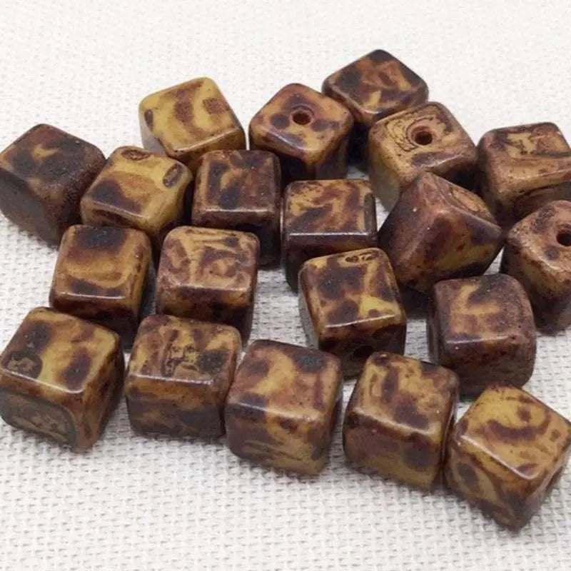 20 Vintage Yellow Brown Picasso Czech Cube Glass Beads - Sea Beads