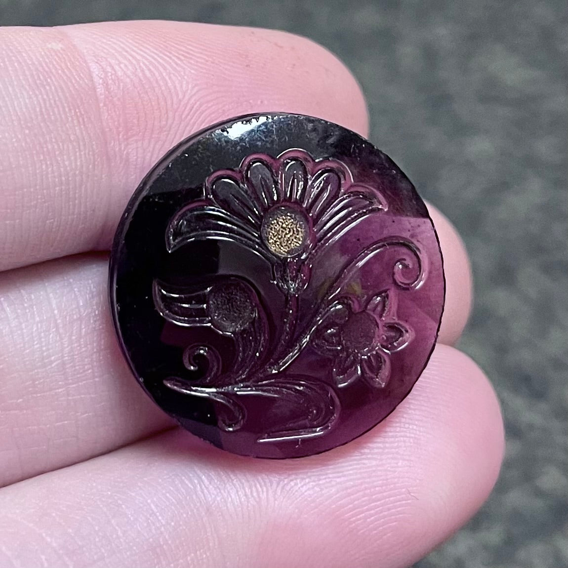1 Vintage Purple Fancy Floral Round Glass Stone 34mm