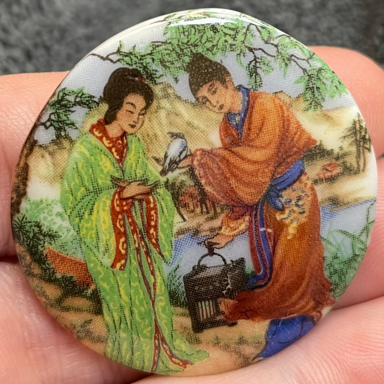 1 Vintage Oriental Garden Round Glass Cabochon #8493