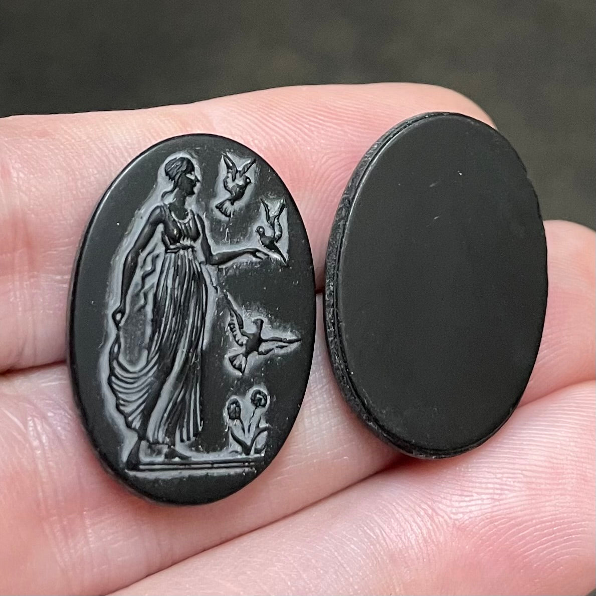 2 Vintage Black Lady With Birds Matte Oval Glass Cabochons