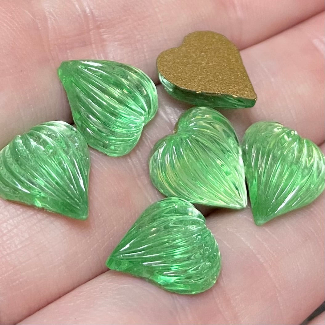 6 Vintage Green Light Corrugated Heart German Glass Cabochons