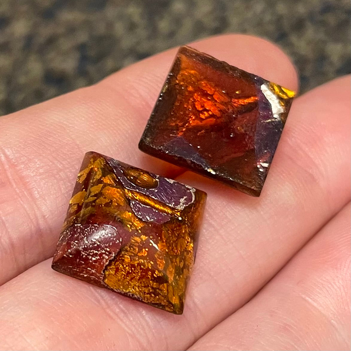 2 Vintage Topaz Foil Japan Square Glass Cabochons 14mm