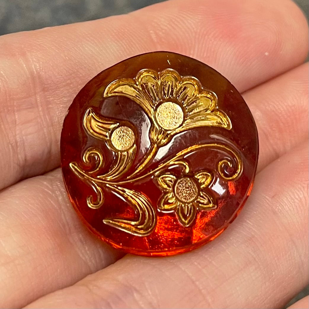 1 Vintage Amber Fancy Floral Round Glass Stone