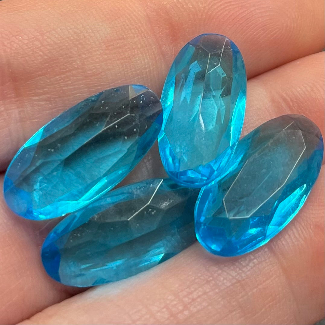 4 Vintage Blue Aqua Dark Faceted Long Oval Glass Stones