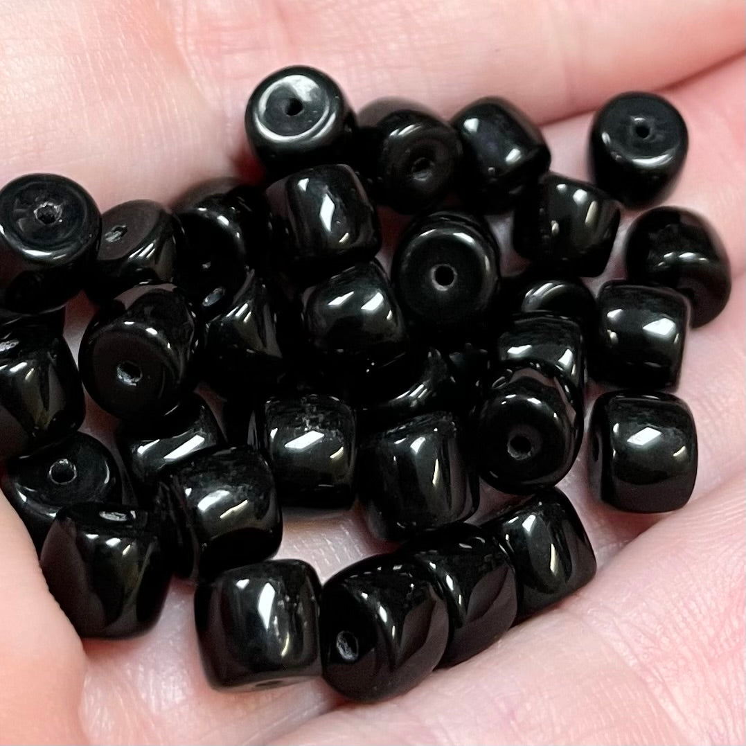 50 Vintage Black Czech Barrel Glass Beads