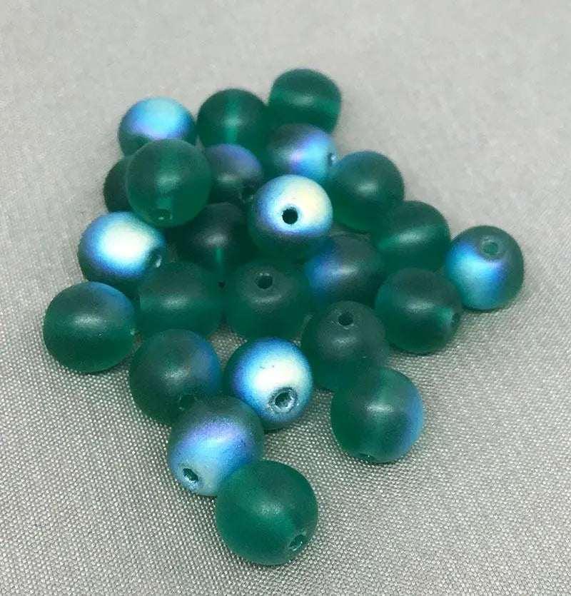 24 Green Emerald AB Czech Matte Round Glass Beads - Sea Beads