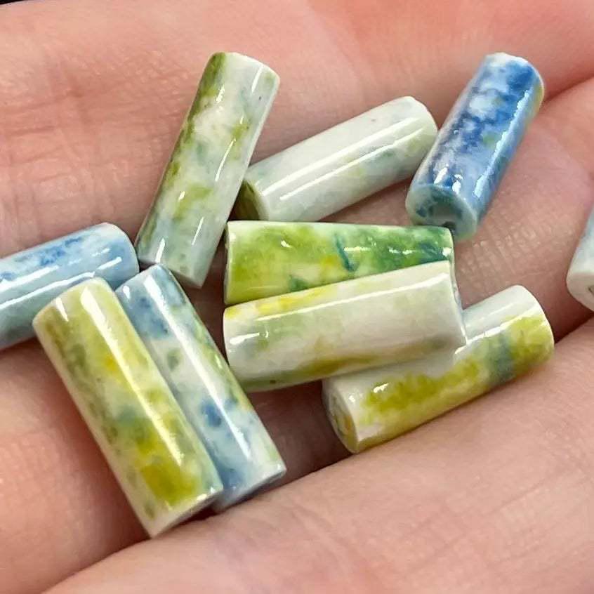 24 Vintage Blue Green Japan Marbled Porcelain Tube Beads - Sea Beads