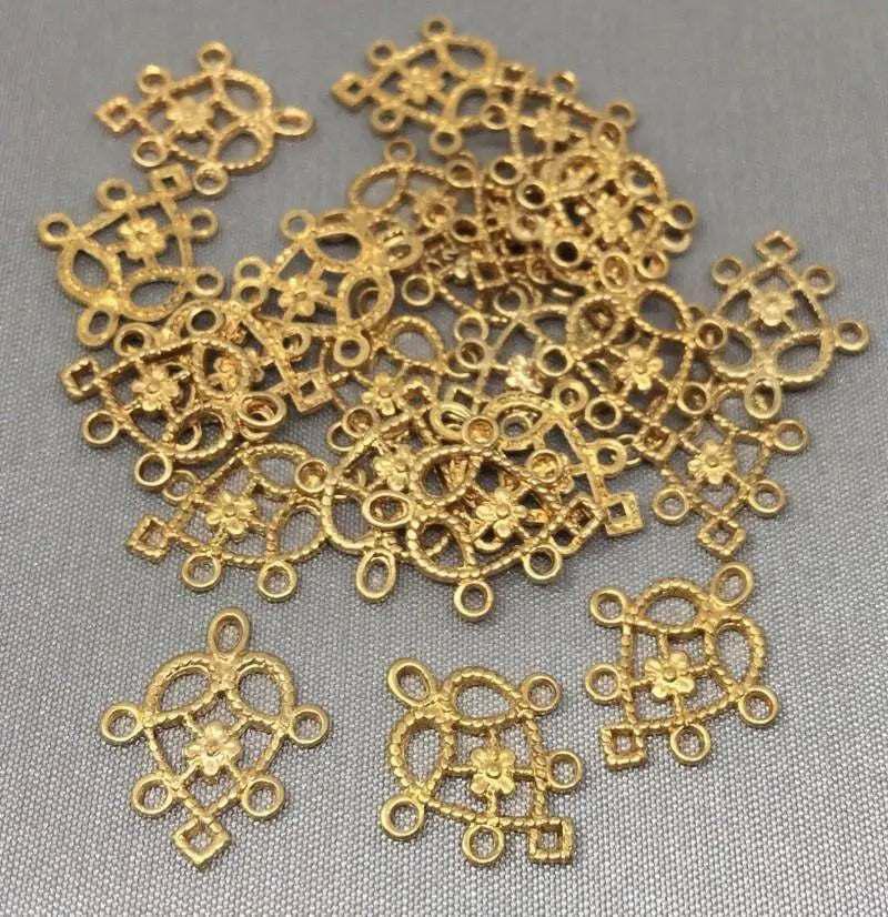 24 Vintage Brass Filigree Heart Chandelier Metal Charms - Sea Beads