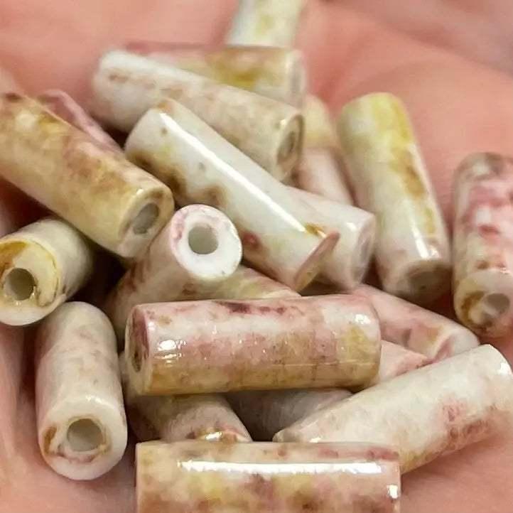 24 Vintage Marbled Japan Cylindrical Porcelain Beads - Sea Beads