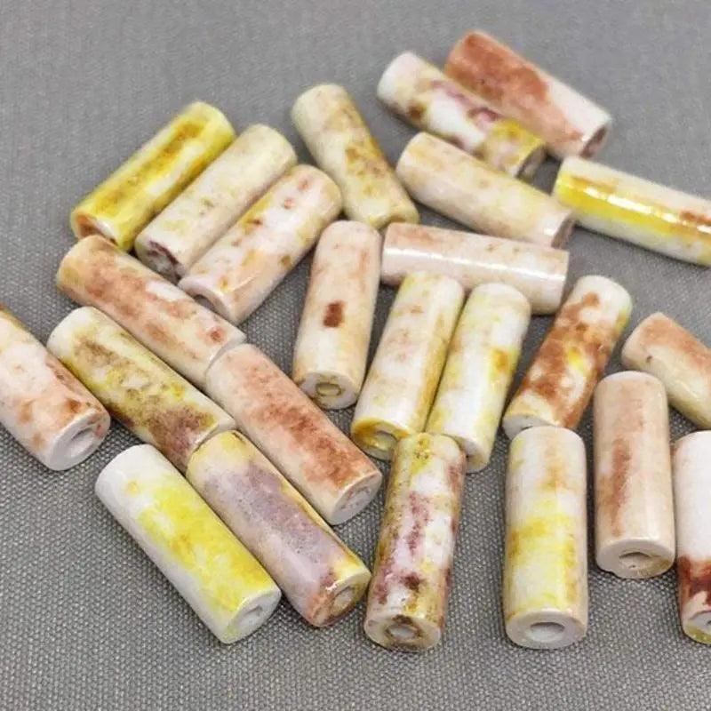 24 Vintage White Marbled Japan Tube Porcelain Beads - Sea Beads