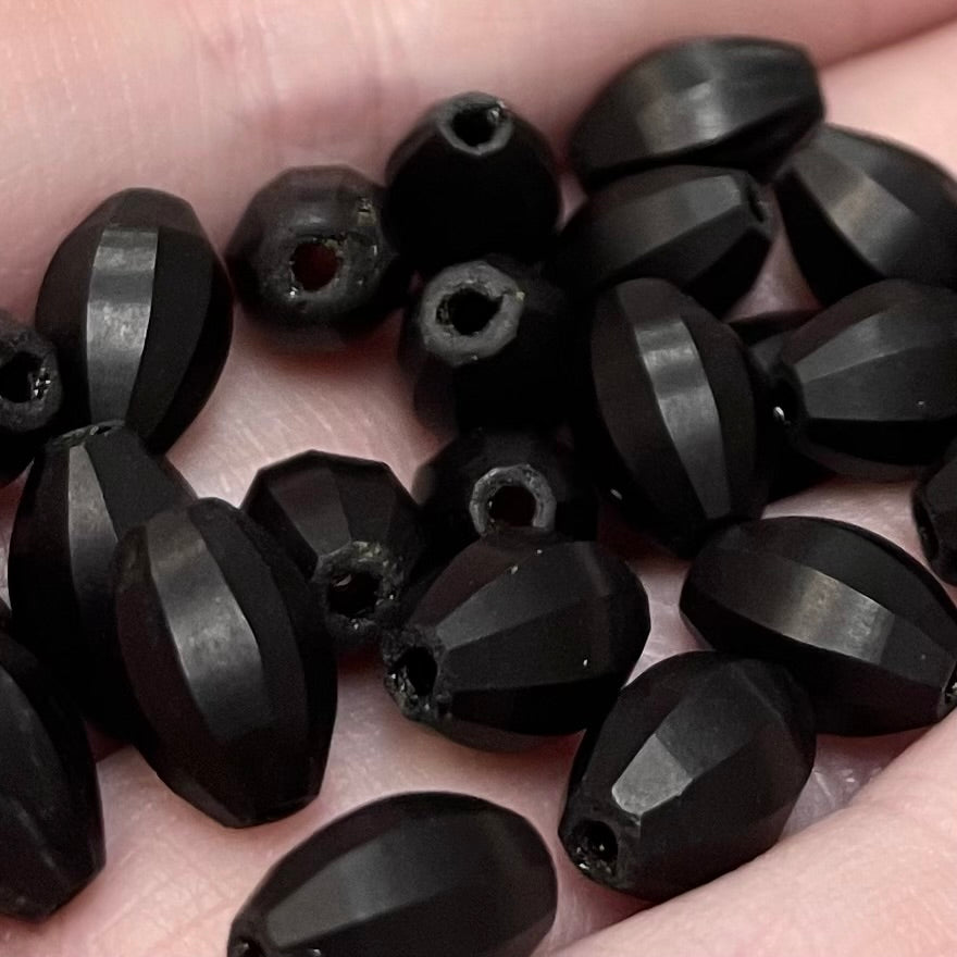 25 Vintage Black Matte Faceted Oval Glass Beads