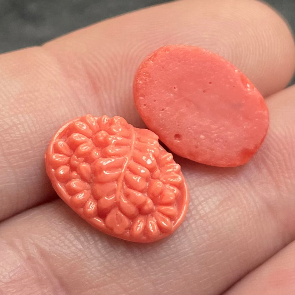 2 Vintage Coral Japan Floral Oval Glass Cabochons
