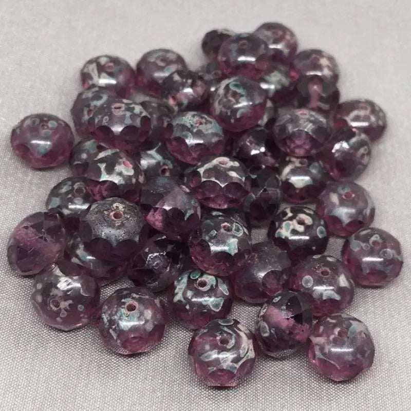 25 Amethyst Purple Picasso Czech Rondelle Glass Beads - Sea Beads