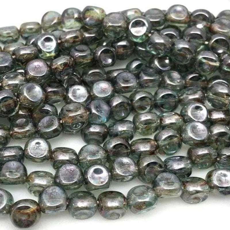 25 Aqua Green Czech Dimpled Picasso Glass Beads - Sea Beads
