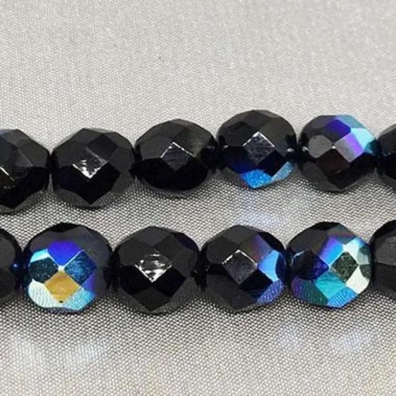 25 Black AB Czech Fire Polished Glass Beads - Sea Beads