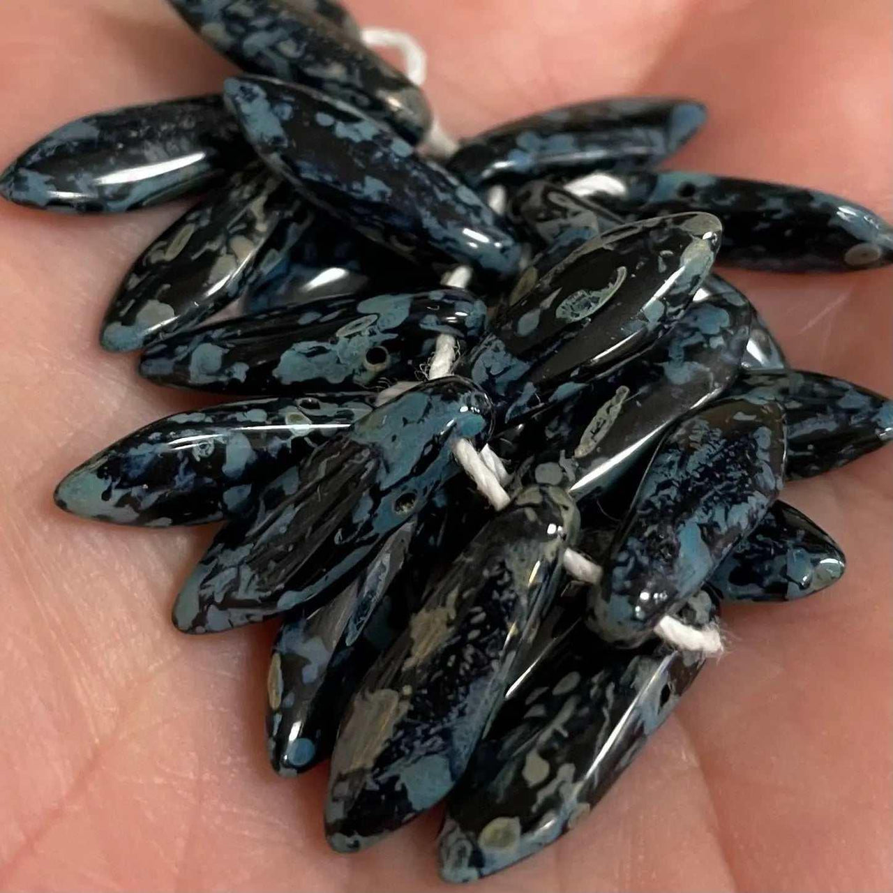 25 Black Czech Picasso 2-Hole Dagger Glass Beads - Sea Beads