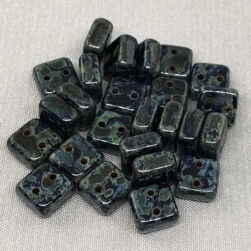 25 Black Czech Picasso Two Hole Chexx Square Glass Beads - Sea Beads