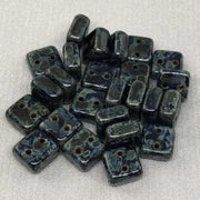 25 Black Czech Picasso Two Hole Chexx Square Glass Beads - Sea Beads