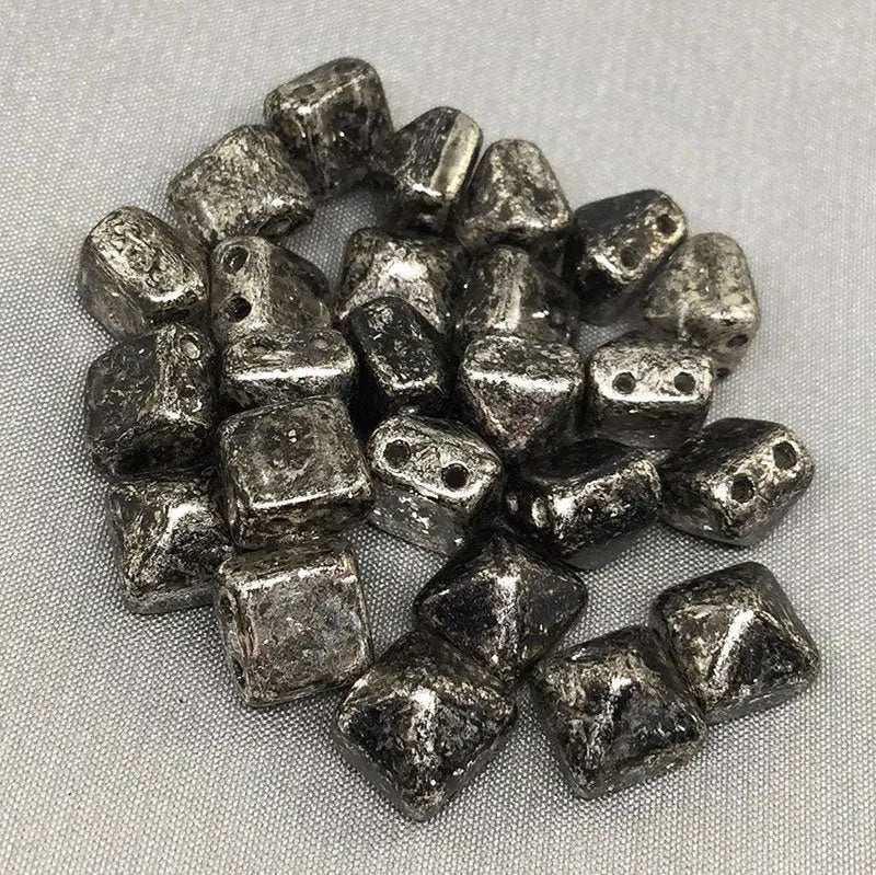 25 Black Gold Czech Picasso Stud Two Hole Pyramid Glass Beads - Sea Beads