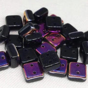 25 Black Purple Two Hole Czech Chexx Square Glass Beads - Sea Beads