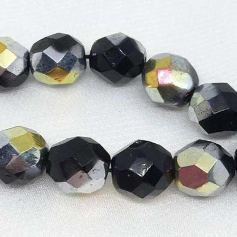25 Black Silver Czech Iris Faceted Glass Beads - Sea Beads