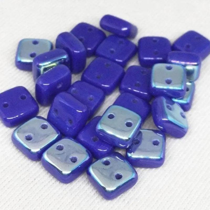 25 Blue AB Czech Chexx 2-Hole Square Glass Beads - Sea Beads