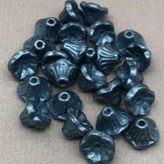 25 Blue Czech Bell Flower Metallic Glass Beads - Sea Beads