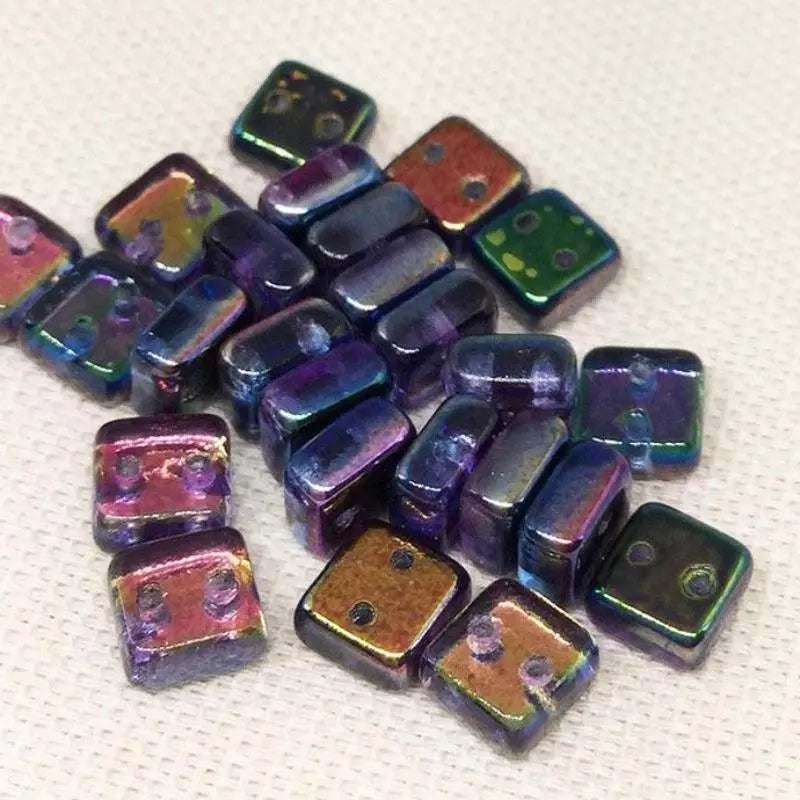 25 Blue Magic Two Hole Czech Chexx Square Glass Beads - Sea Beads