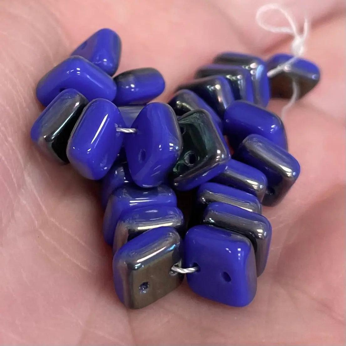 25 Blue Royal Celesian Czech 2-Hole Square Glass Beads - Sea Beads