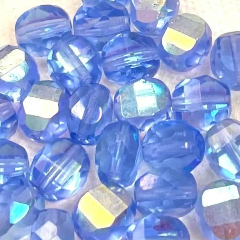 25 Blue Sapphire AB Czech 2 Way Coin Glass Beads - Sea Beads