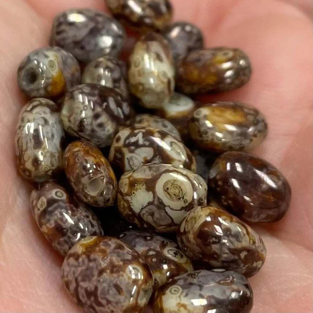 25 Brown Picasso Czech Oval Glass Beads - Sea Beads